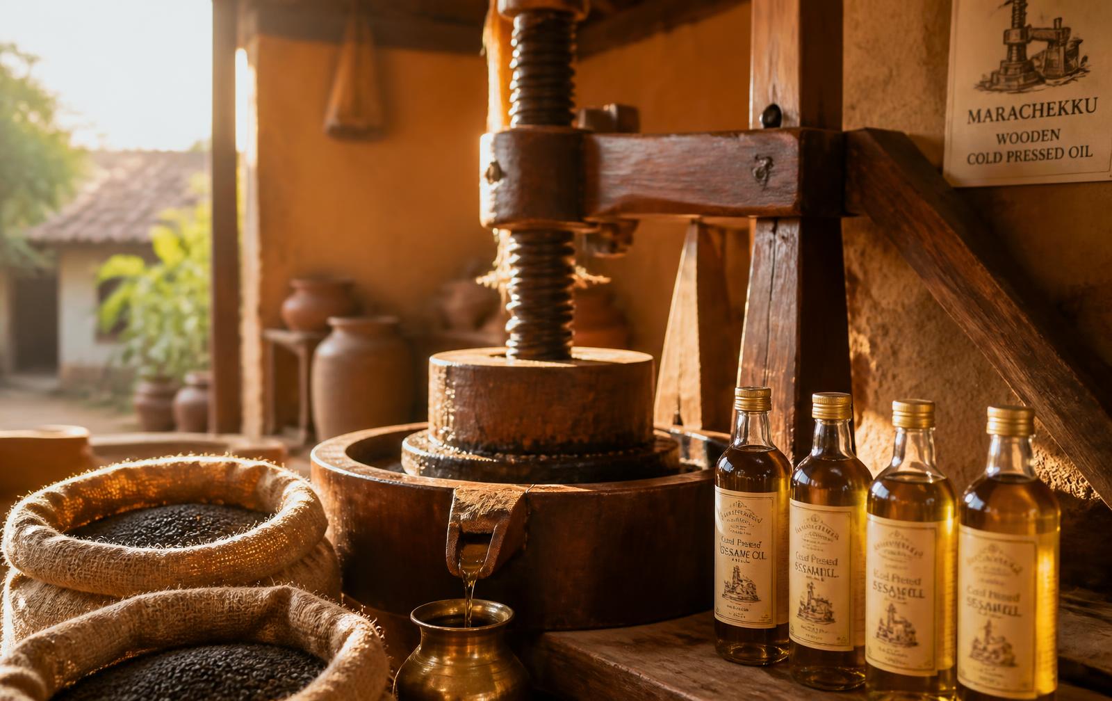 Traditional wooden chekku pressing organic oil